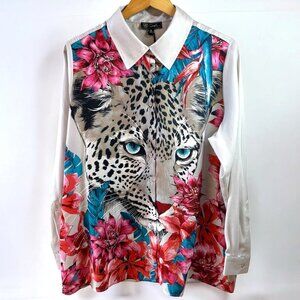 NWT Diane Gilman Beige Leopard & Colorful Floral Silky Shirt Size XL art to wear